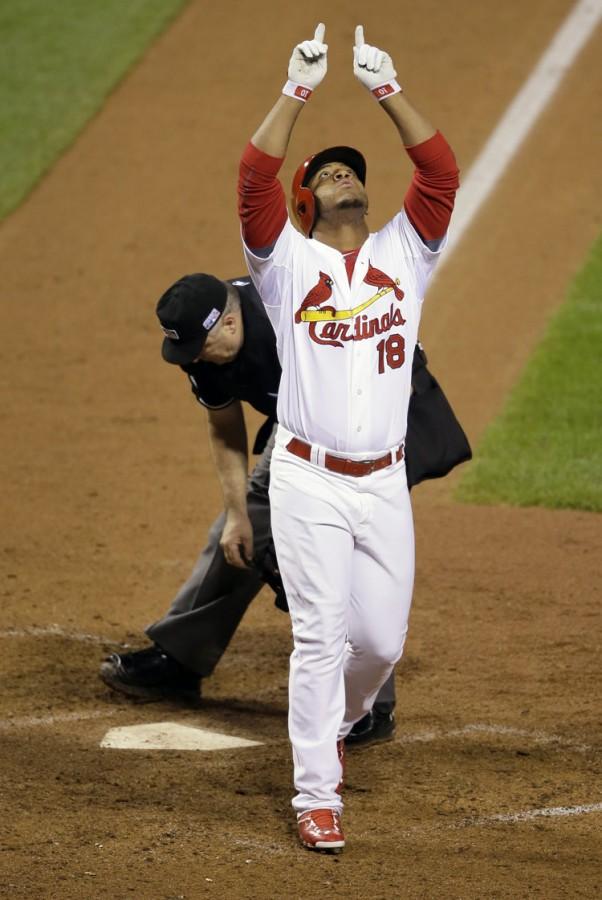 Taveras points up to the sky after his game tying home run in Game 2 of the NLCS off of Jean Machi just 2 weeks before his death