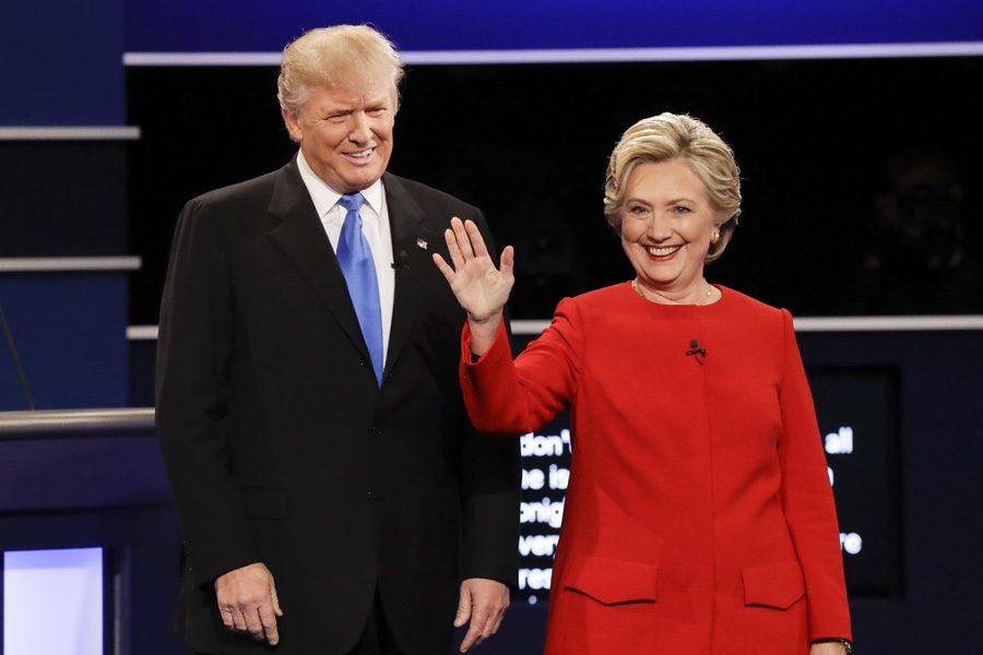 Republican presidential nominee Donald Trump and Democratic presidential nominee Hillary Clinton are introduced during the presidential debate at Hofstra University in Hempstead, N.Y., Monday, Sept. 26, 2016. 