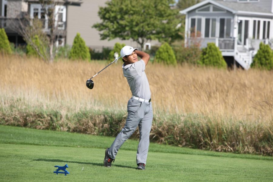 Senior+Zachary+Trimpe+watches+the+ball+down+the+fairway+after+teeing+off.