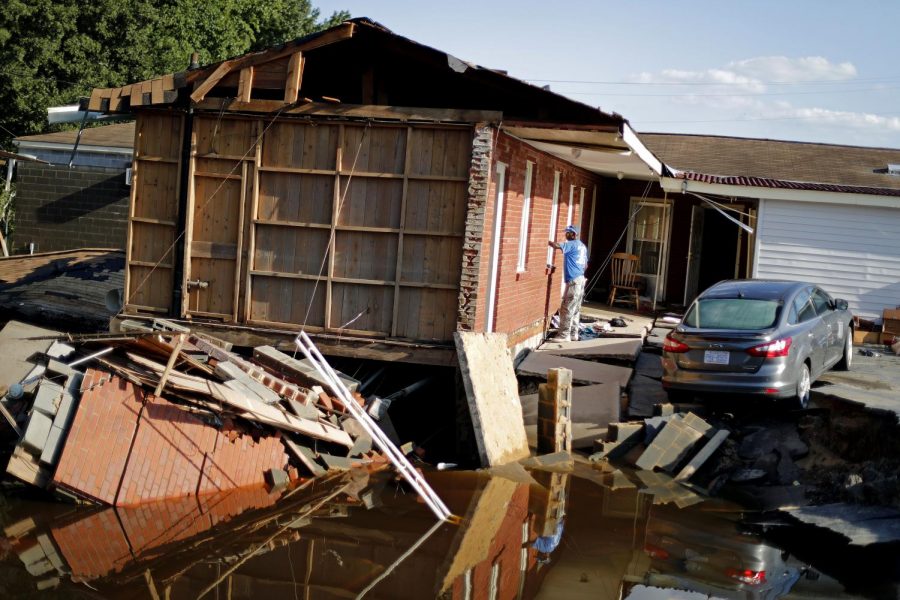 One of many structures devastated by Hurricane Florence stands now as wreckage.