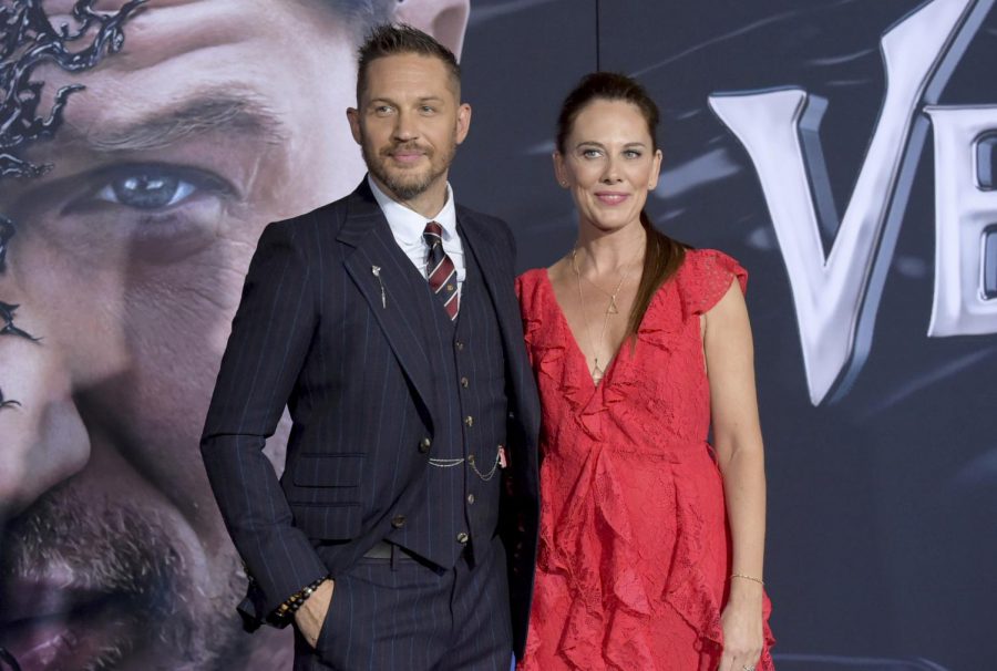 Lead actor Tom Hardy, left, and writer Kelly Marcel at the world premiere of 'Venom' in Los Angeles. 