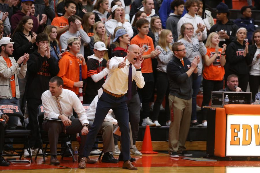 Coach Battas shouts at the basketball team in a home game this season.