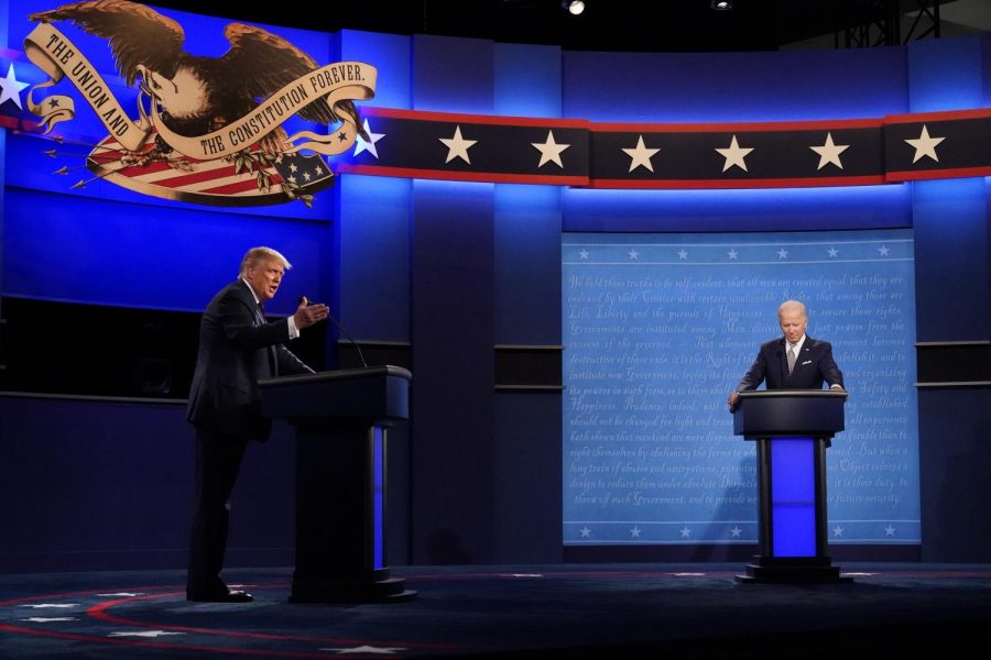 President Donald Trump and Democratic presidential candidate former Vice President Joe Biden during the first presidential debate Tuesday, Sept. 29, 2020, at Case Western University and Cleveland Clinic, in Cleveland, Ohio.