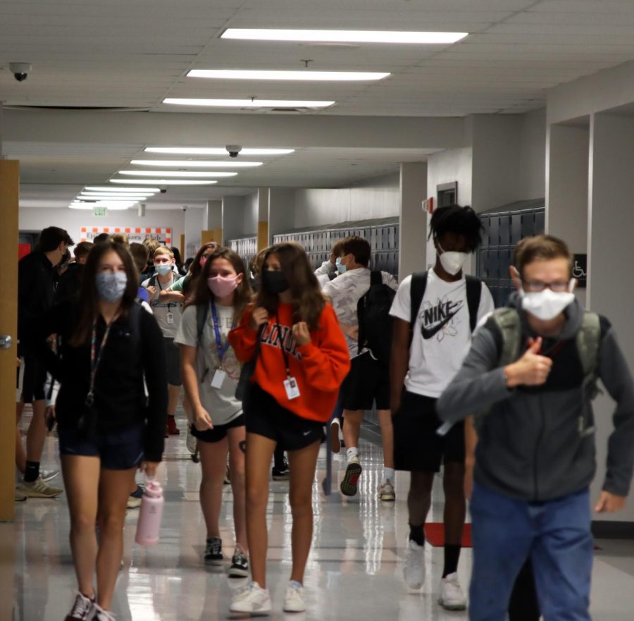 Students at the high school flood the halls during passing period earlier in the school year in August 2020. All of district 7 is now in full-remote at-home learning due to COVID-19 concerns. 