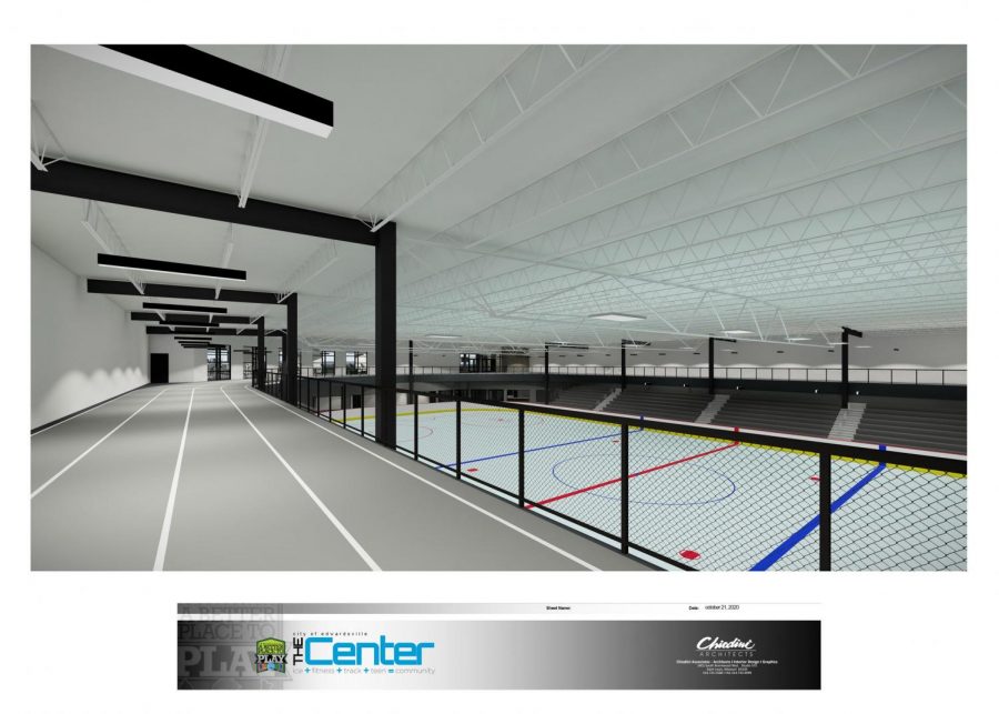 This image captures a tentative look at what the ice rink and indoor track will look like.