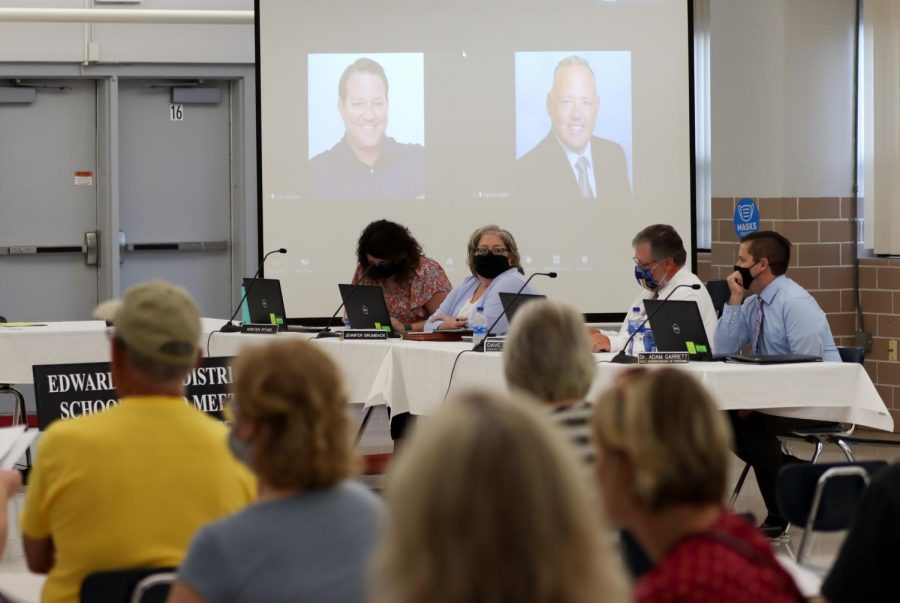 The District 7 board addresses community members in an Aug. 4 board meeting. Superintendent Patrick Shelton and board president John McDole attend the meeting via Zoom.