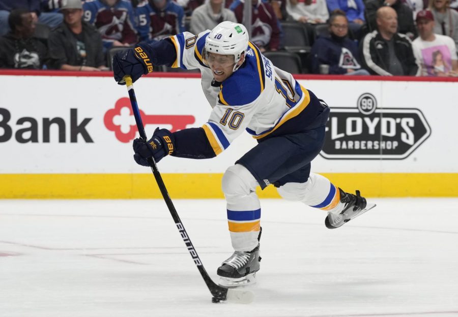 Blues center Brayden Schenn carries puck in the second half of the Oct. 16 game against the Colorado Avalanche. 