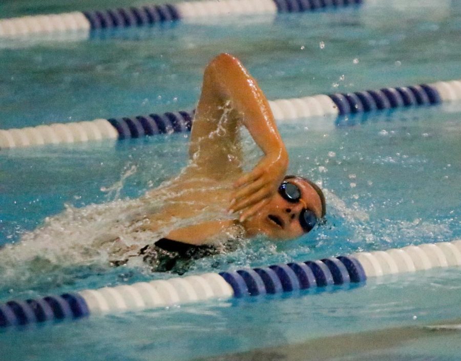 Senior Taylor Wilkerson swims in an August swim meet