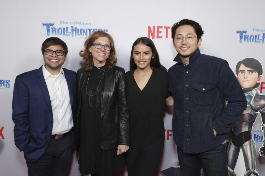 Lexi Medrano, DreamWorks Animation head of Television Margie Cohn, Steven Yeun and Charlie Saxton seen at Netflix Special Screening of DreamWorks Trollhunters at The Grove in 2016.