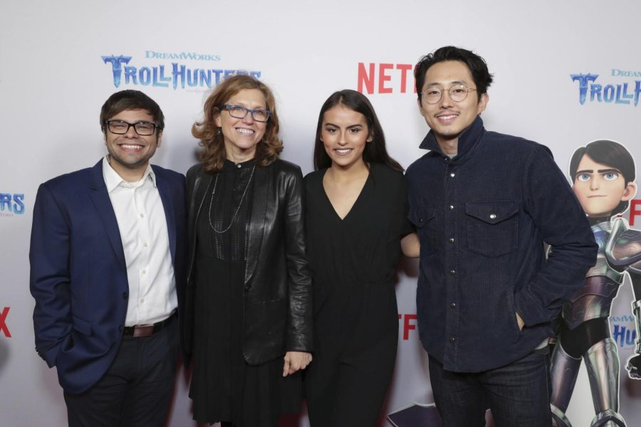 Lexi Medrano, DreamWorks Animation head of Television Margie Cohn, Steven Yeun and Charlie Saxton seen at Netflix Special Screening of DreamWorks "Trollhunters" at The Grove in 2016.