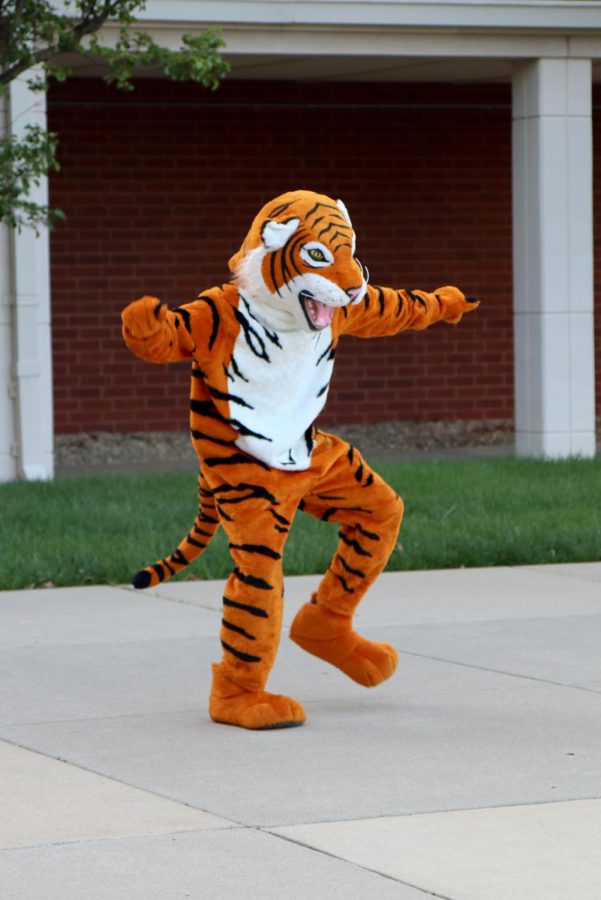 EHS tiger mascot welcomes students into the school on Monday, May 9.