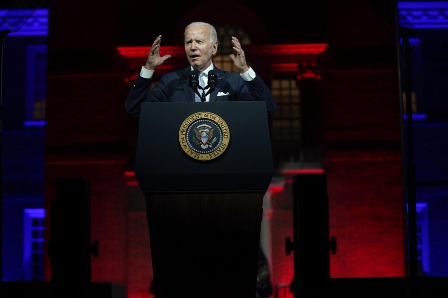 President Joe Biden gives a speech outside of Independence Hall in Philadelphia on Sept. 1.