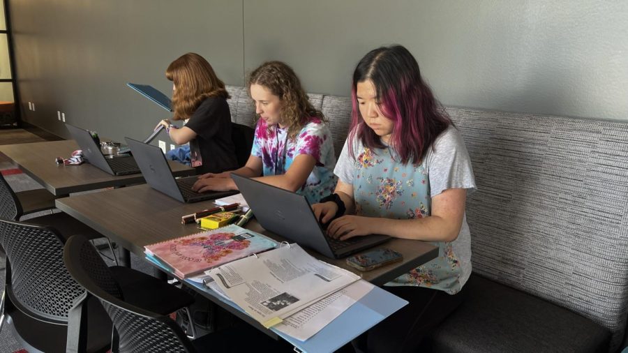 Junior Kate Huang and her friends study at the RP Lumber CENTER's "The Garage" on Sept. 7. Huang and her friends go to "The Garage" almost every day after school.