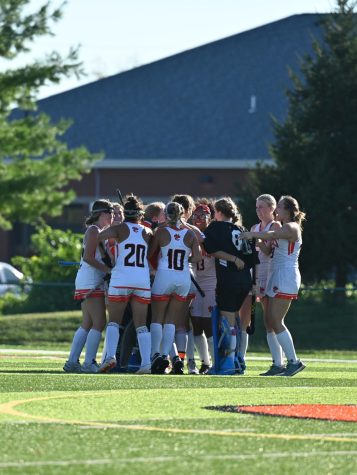 The field hockey team huddles during their game against Lutheran South on Aug 31.
