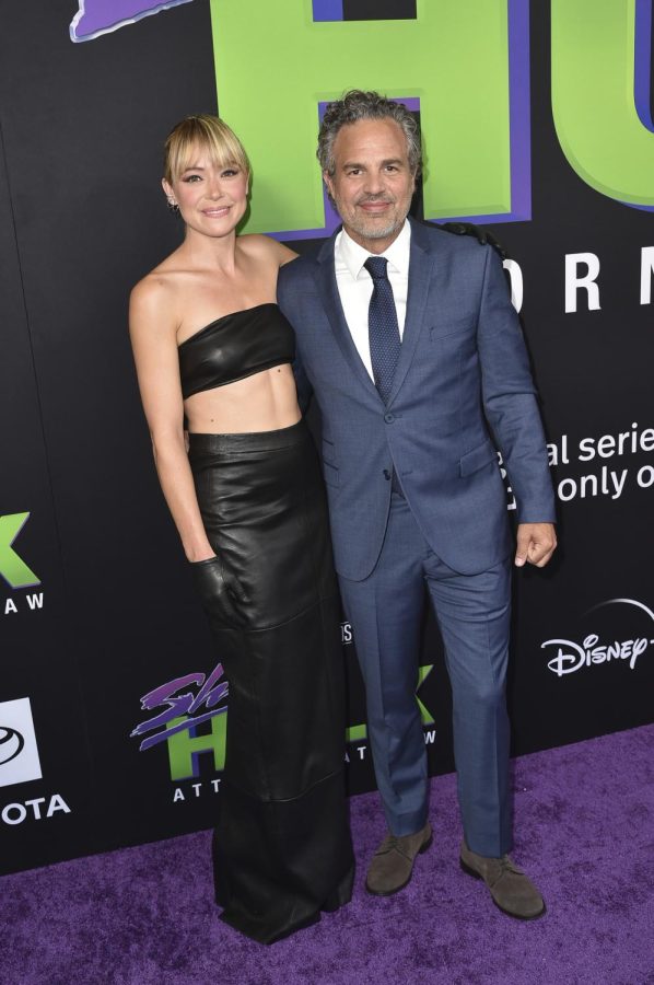Actors Tatiana Maslany and Mark Ruffalo pose together at the premiere of She-Hulk: Attorney at Law on Aug. 15.