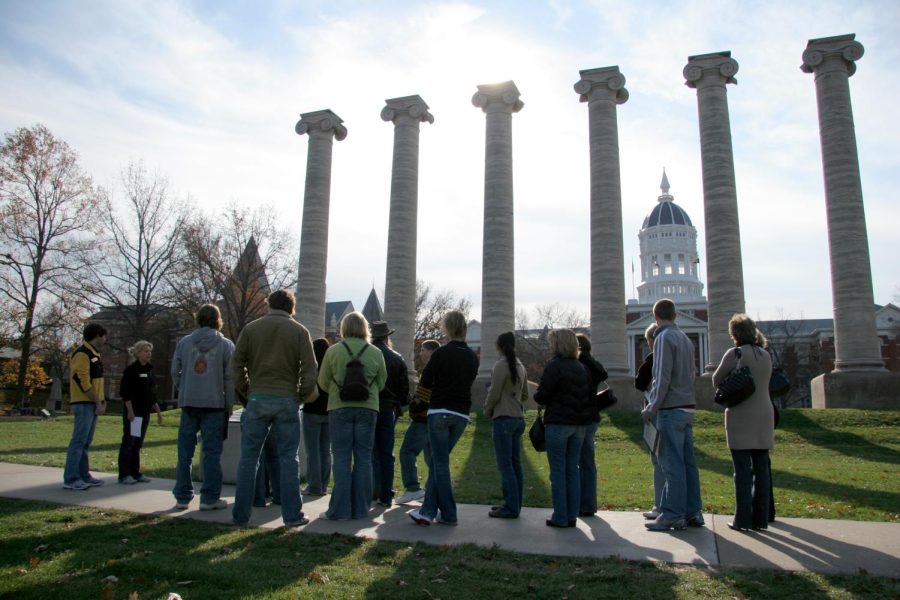 Prospective students take a campus tour at the University of Missouri in Columbia.