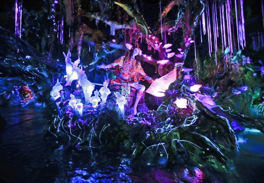 The Na'vi Shaman of Songs celebrates with music in Na'vi River Journey ride at Pandora-World of Avatar land attraction in Disney's Animal Kingdom theme park at Walt Disney World in Lake Buena Vista, Fla.
