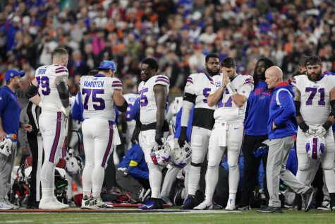 Buffalo Bills quarterback Josh Allen prays for Bills safety Damar Hamlin on Jan. 2. 