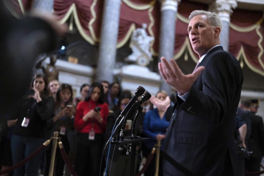 Speaker of the House Kevin McCarthy, R-Calif., speaks during a news conference in Statuary Hall at the Capitol in Washington, Thursday, Jan. 12, 2023.