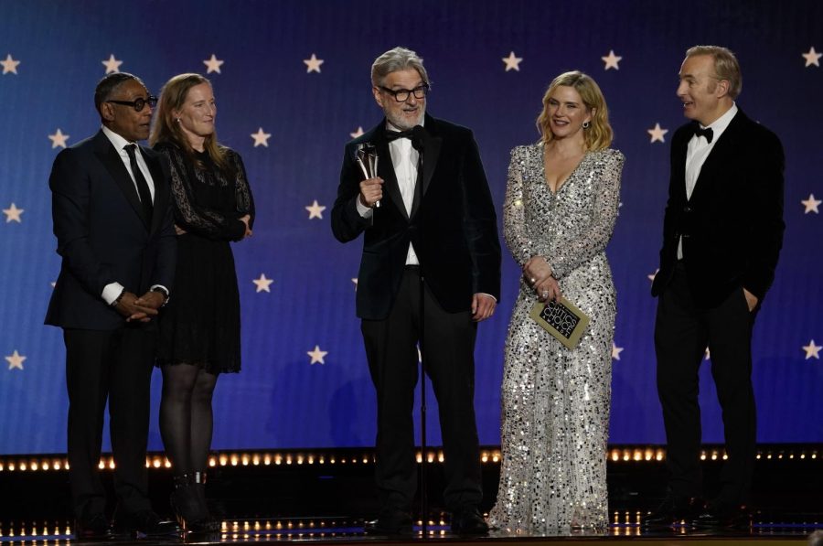 Giancarlo Esposito,  Melissa Bernstein, Peter Gould, Rhea Seehorn and Bob Odenkirk accept the award for best drama series for "Better Call Saul" at the 28th annual Critics Choice Awards.