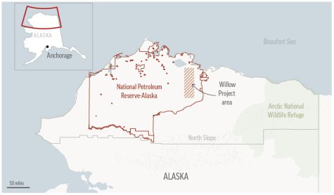 Map of the National Petroleum Reserve in northern Alaska. The map also highlights the area where the Willow Project will take place.