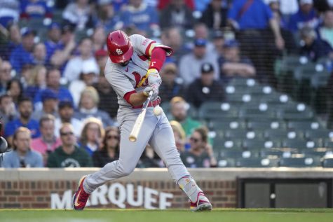 St. Louis Cardinals Nolan Arenado hits an RBI triple off Chicago Cubs starting pitcher Justin Steele during the first inning of a baseball game on May 10.