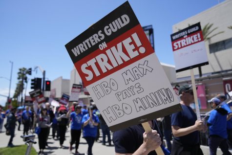 People march at the beginning of the Writer Guild strikes on May 2.