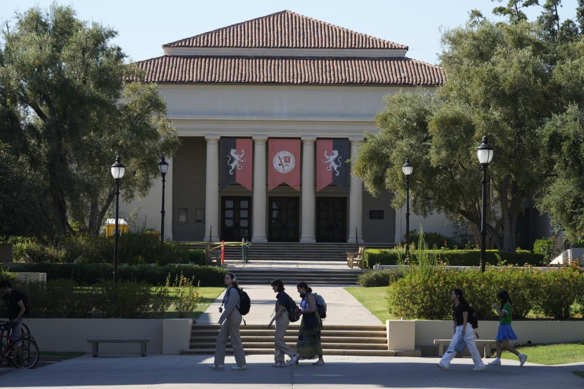 Students walk past Thorne Hall at Occidental College in Los Angeles.