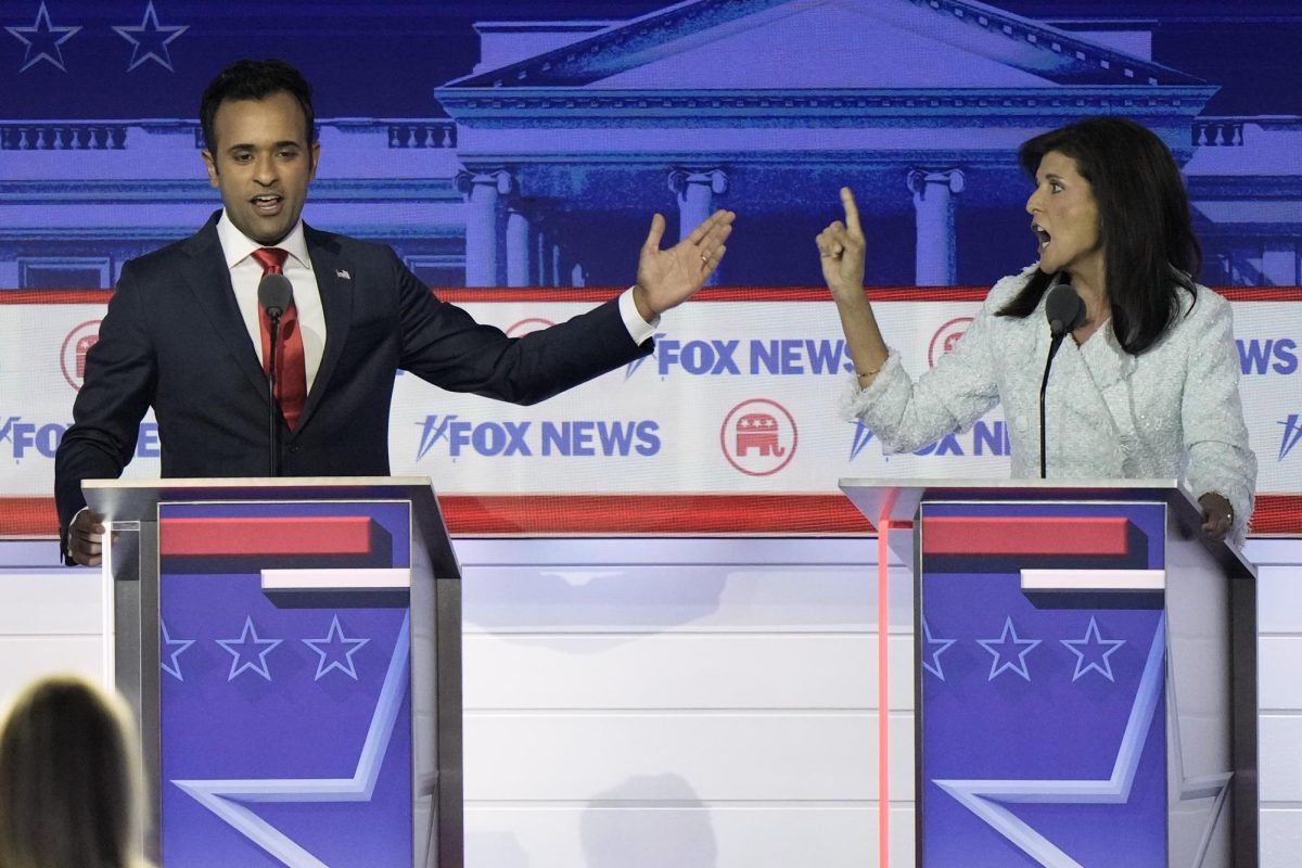 Candidates Gov. Nikki Haley and Vivek Ramaswamy argue at the initial Republican primary debate on Aug. 23.