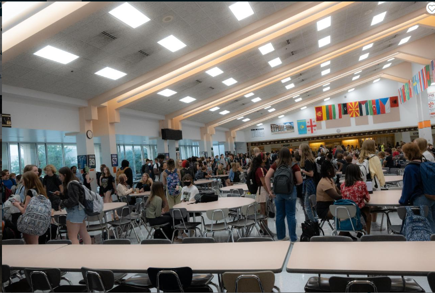 Students gather in the commons before classes. 