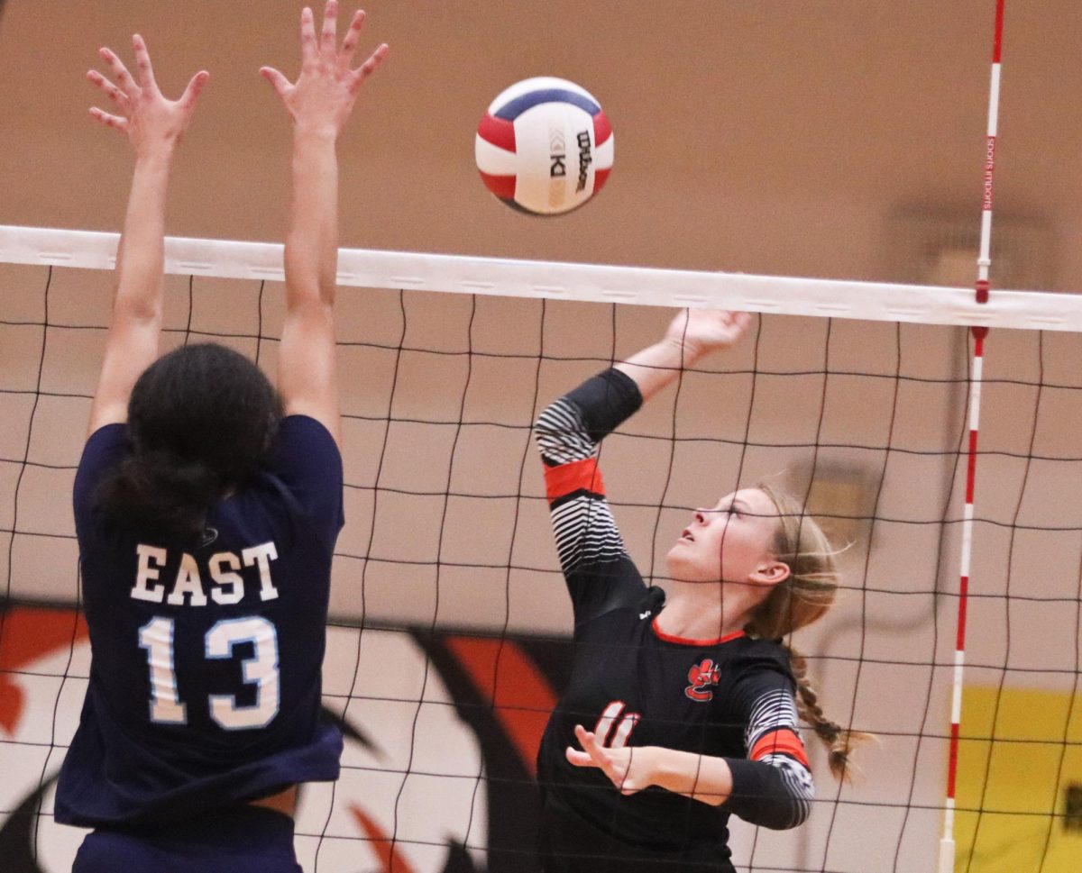 Maddie Ohlau goes to spike a ball at the Tuesday game against Belleville East.