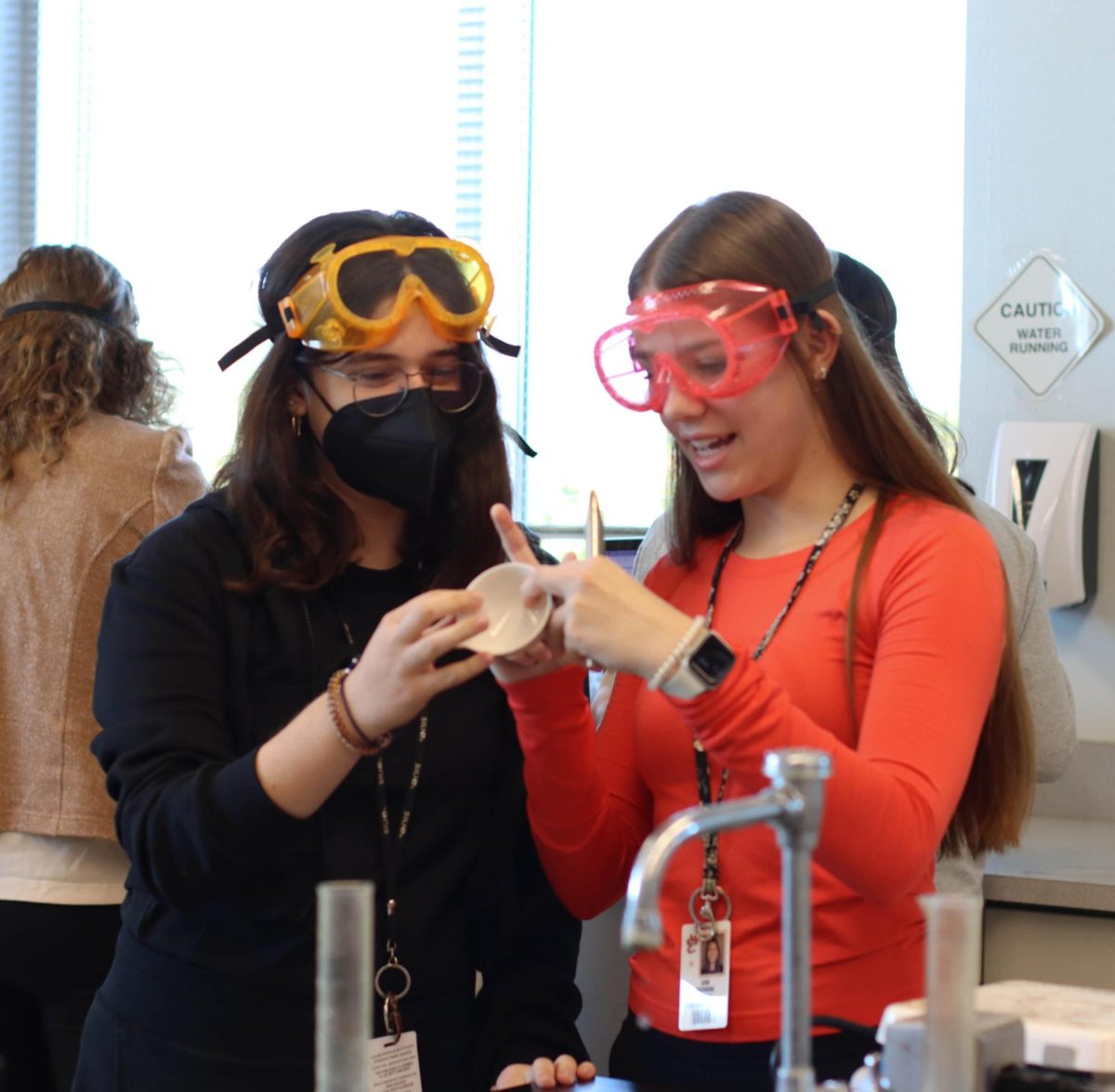 Seniors Eda Demirer and Leah DeConcini work together on a lab in AP Chem last year. 