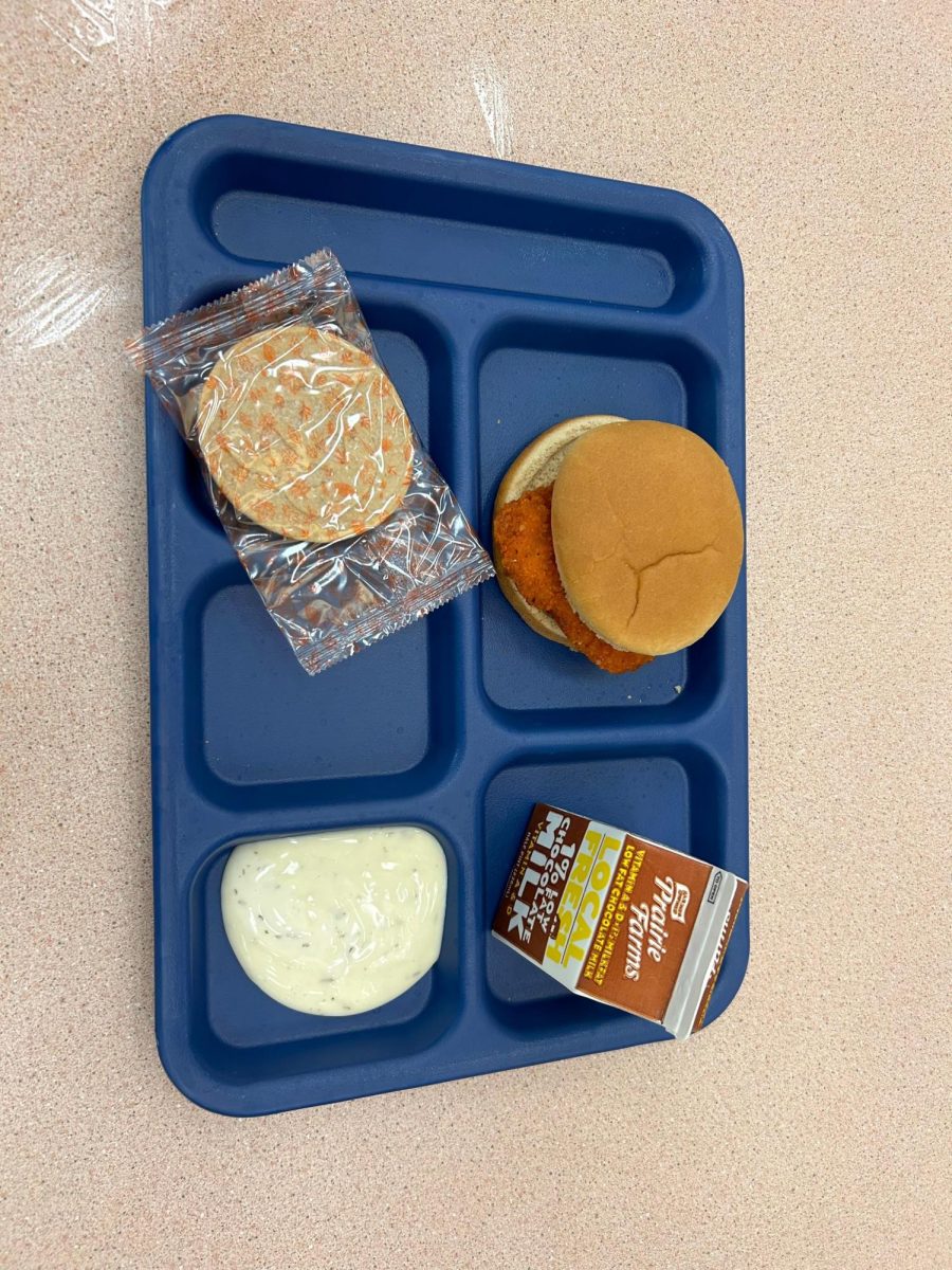 The spicy chicken sandwich with a pre-packaged cookie and milk. According to sophomore Connor Bock-Jensen, the spicy chicken sandwich is pretty good, and the only other good food aside from the orange chicken. 