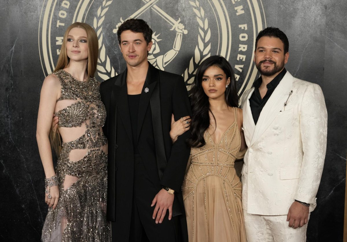 From left, Hunter Schafer, Tom Blyth, Rachel Zegler and Josh Andrés Rivera pose together at the Nov. 13 Los Angeles premiere of Ballad of Songbirds and Snakes.