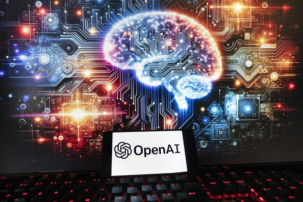 OpenAI logo with a ChatGPT created image shadowed behind it.