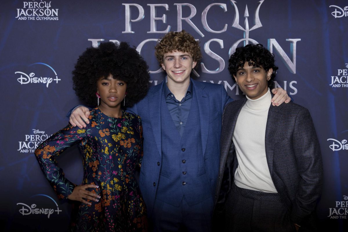 Leah Sava' Jeffries, Walker Scobell and Aryan Simhadri, who play the lead roles of Annabeth, Percy and Grover, pose for the London premiere on Dec. 16.