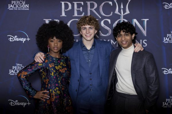 Leah Sava Jeffries, Walker Scobell and Aryan Simhadri, who play the lead roles of Annabeth, Percy and Grover, pose for the London premiere on Dec. 16.