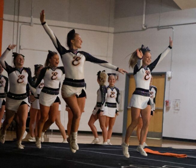 Freshman Carley Hartman with seniors Maia Rowe, Julianne Hendricks and Kayla Zacheis taking the floor at their Jan. 31 state showcase.