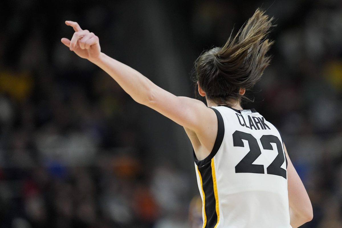 Iowa guard Caitlin Clark, No. 22, reacts during the fourth quarter of an Elite Eight game against LSU during the NCAA Womens Tournament, April 1, 2024.